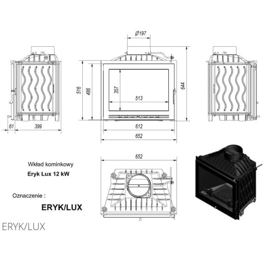 Каминная топка Kratki ERYK 12 LUX (12,0 кВт)