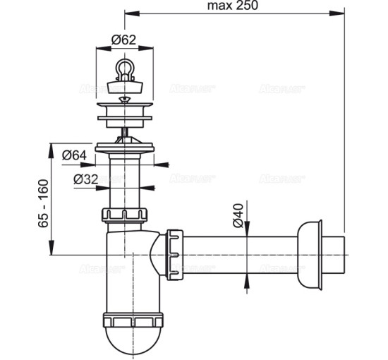 Сифон Alcaplast A42 для умывальника Ø40 с пластмассовой решеткой Ø63