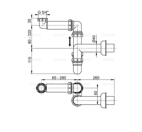 Сифон Alcaplast A434 для умывальника Ø40 экономит пространство с накидной гайкой 5/4"