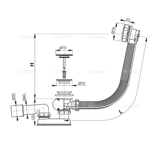Сифон Alcaplast A55KM для ванни автомат комплект метал