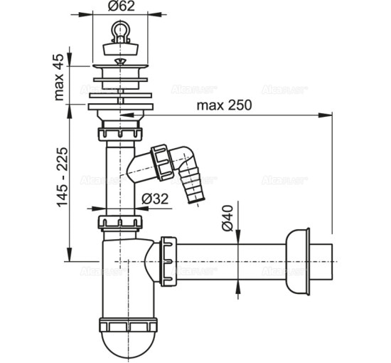 Сифон Alcaplast A42P для умывальника Ø40 с подводкой и пластмассовой решеткой Ø63