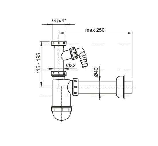 Сифон Alcaplast A43P для умывальника Ø40 с подводом и накидной гайкой 5/4"
