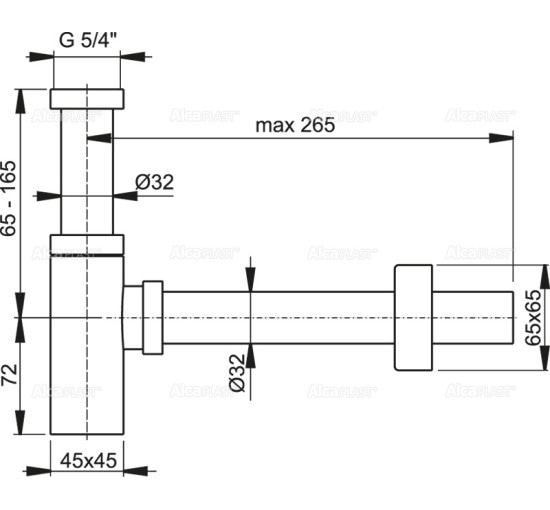 Сифон Alcaplast A401 для умывальника Ø32 DESIGN, цельнометаллический