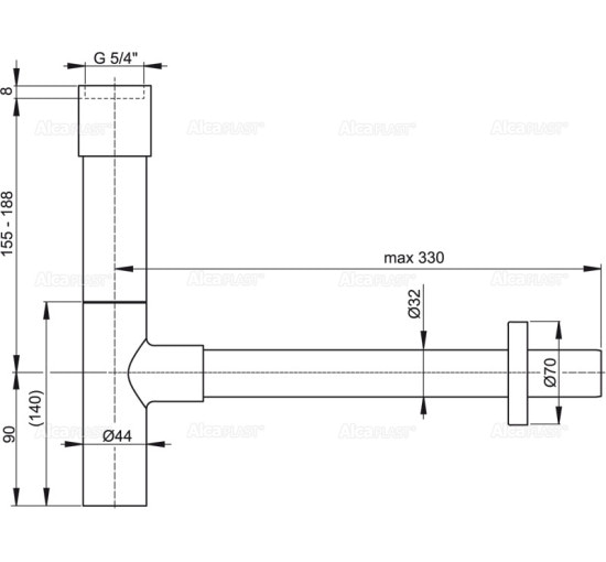 Сифон Alcaplast A402 для умывальника Ø32 DESIGN, цельнометаллический