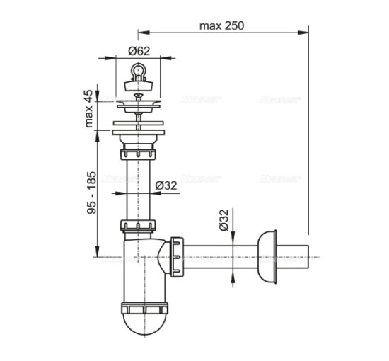 Сифон Alcaplast A411 для умивальника Ø32 з нержавіючою peшіткою Ø63