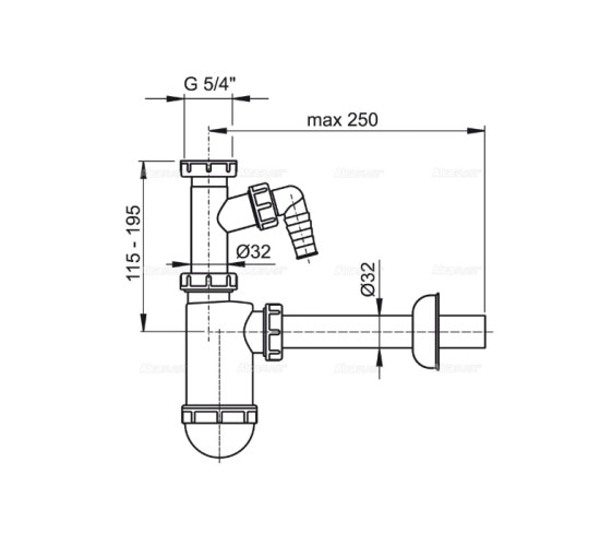 Сифон Alcaplast A430P для умивальника Ø32 з підведенням і накидною гайкою 5/4 "