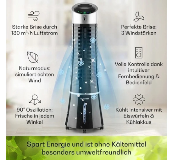 Портативный вентилятор-увлажнитель Klarstein Skyscraper Ice Smart 4 в 1 WiFi 30 Вт, (10040205)