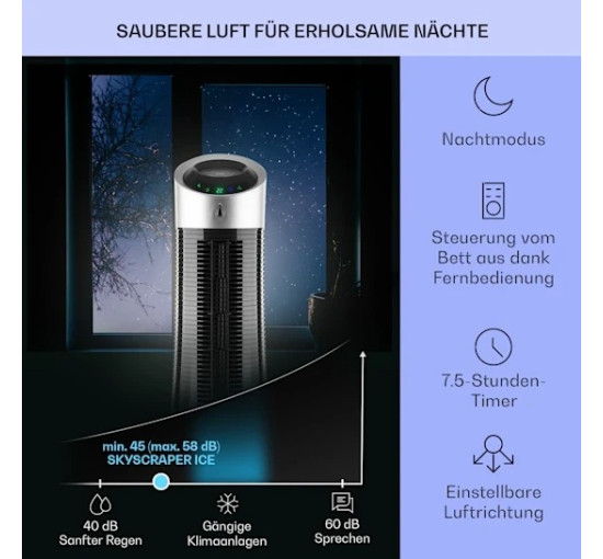 Портативный вентилятор-увлажнитель Klarstein Skyscraper Ice Smart 4 в 1 WiFi 30 Вт, (10040205)