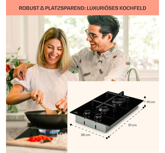 Газова варильна поверхня для кухні на 2 конфорки Klarstein Illuminosa Domino, чорний (10039896)