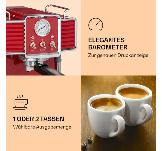 Кавомашина в стилі ретро Klarstein Gusto Classico 1350 Вт, 20 бар, 1,5 л червоний (10035565) Б/В