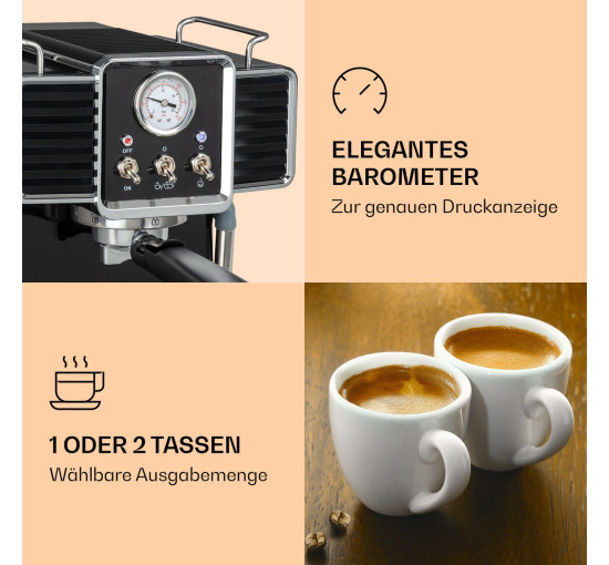 Кофемашина в ретро стиле Klarstein Gusto Classico 1,5л, 20 бар, 1350 Вт, черный (10035564)