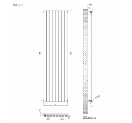 Радиатор дизайнерский IDEALE Adele 11 антрацит 8/1800