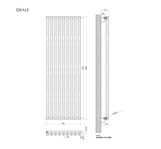 Радиатор дизайнерский Ideale Gloria 11 9/1800/531 черный
