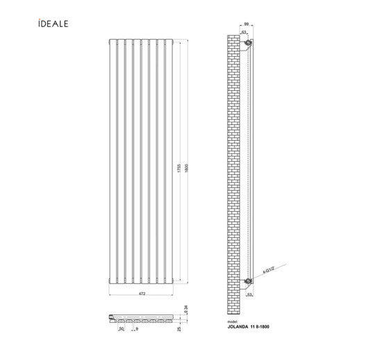 Радиатор дизайнерский Ideale Jolanda 11 8/1800/472 черный
