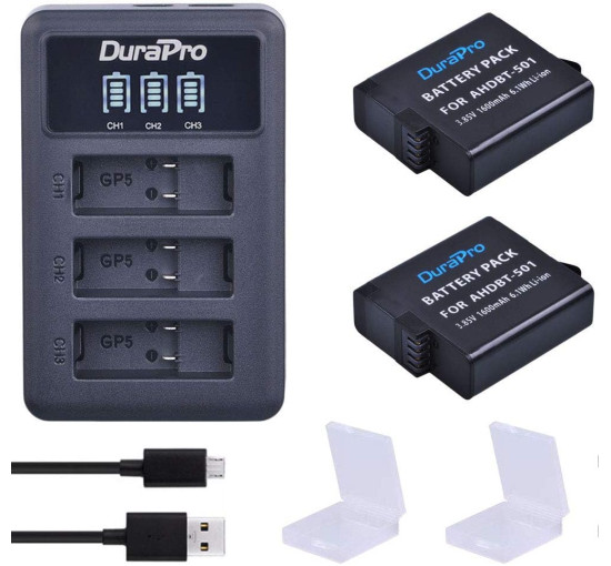Акумулятор Durapro 2 x AHDBT-501, світлодіодний USB-зарядний пристрій з портом Type C для камер Gopro 7, 5, Hero 6, чорний (my-13161)