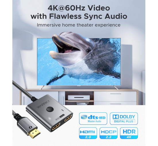 HDMI-переключатель 4K 60 Гц WARRKY AV-H03 поддержка HDR, 3D, 4K, 1080P Совместимость с PS5/4, Xbox, Roku, Fire Stick, серый (my-16017)