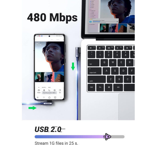Кабель UGREEN USB-USB C, угловой, 3 А, 90 градусов быстрая зарядка, совместим с iPhone 16/15 Pro Max, Galaxy S24, S23 Ultra, A53, Pixel 7 (my-16045)