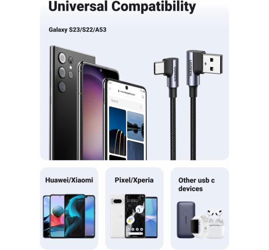 Кабель UGREEN USB-USB C, угловой, 3 А, 90 градусов быстрая зарядка, совместим с iPhone 16/15 Pro Max, Galaxy S24, S23 Ultra, A53, Pixel 7 (my-16045)