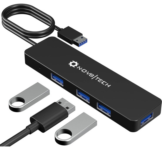 Концентратор Nov8tech USB 3.0 на 4 порти з подовженим кабелем довжиною 60 см. високошвидкісної передачі даних до 5 Гбіт/с, чорний (my-16068)