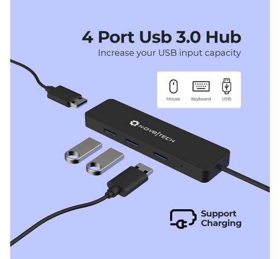 Концентратор Nov8tech USB 3.0 на 4 порти з подовженим кабелем довжиною 60 см. високошвидкісної передачі даних до 5 Гбіт/с, чорний (my-16068)