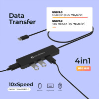 Концентратор Nov8tech USB 3.0 на 4 порти з подовженим кабелем завдовжки 60 см. високошвидкісної передачі даних до 5 Гбіт/с, чорний (my-16068)