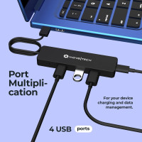 Концентратор Nov8tech USB 3.0 на 4 порти з подовженим кабелем завдовжки 60 см. високошвидкісної передачі даних до 5 Гбіт/с, чорний (my-16068)