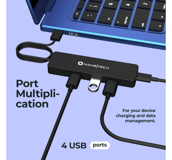 Концентратор Nov8tech USB 3.0 на 4 порти з подовженим кабелем довжиною 60 см. високошвидкісної передачі даних до 5 Гбіт/с, чорний (my-16068)