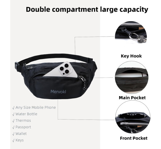 Сверхлегкая спортивная поясная сумка Mervokl с регулируемым ремнем для спорта, бега, пешего туризма, черная (my-13163)