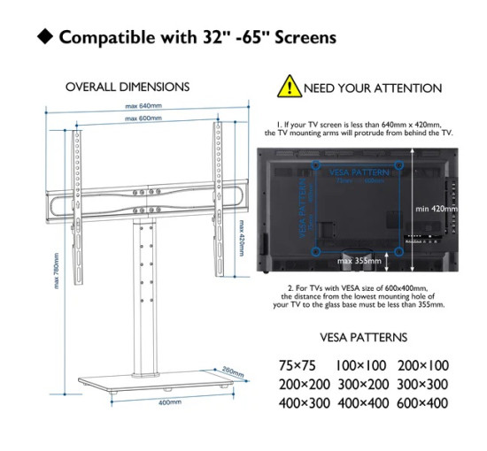 Універсальна настільна тумба під телевізор BONTEC із кронштейном для телевізорів 32–65 дюймів (my-13055)