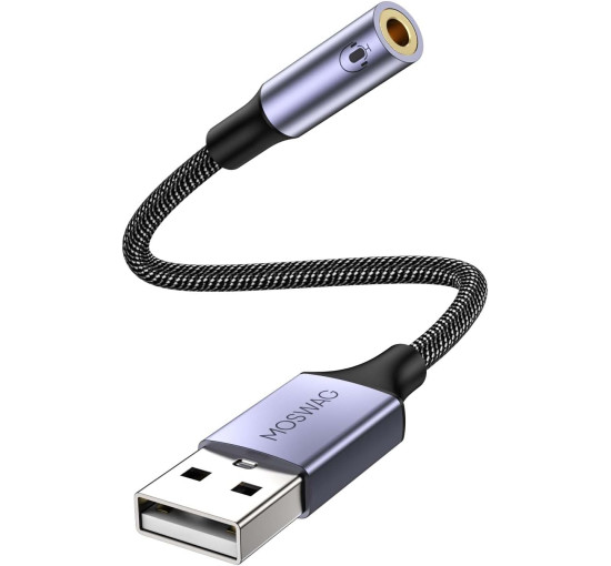 Адаптер MOSWAG USB аудиоадаптер для внешней звуковой карты с 3,5-мм стереоконвертером Aux, черный (my-16072)