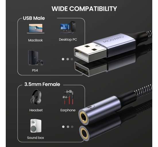 Адаптер MOSWAG USB аудиоадаптер для внешней звуковой карты с 3,5-мм стереоконвертером Aux, черный (my-16072)