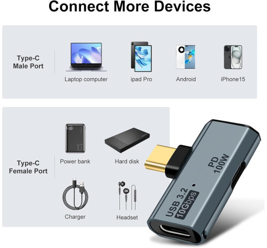 Адаптер Seminer зарядный USB C на два USB C-разветвителя Type C мощностью 100 Вт для iPhone 15 Pro Max, Google TV, серый (my-16073)