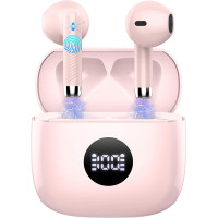 Беспроводные наушники Jxrev J53-4-P Bluetooth 5.3 дисплей питания, наушники с басами, стереонаушники-вкладыши с шумоподавлением розовые (my-11129)