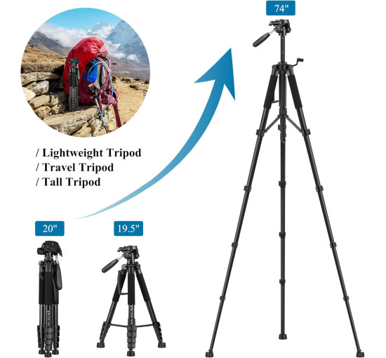 Штатив для камери VICTIV 74" NT70 алюмінієва підставка для Canon Nikon з сумкою для перенесення та тримачем для телефону, чорний (my-13030)