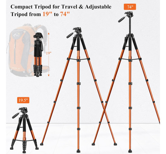 Штатив для камеры VICTIV 74" NT70 алюминиевая подставка-штатив для Canon Nikon с сумкой для переноски и держателем для телефона, оранжевый(my-13031)