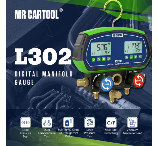 Цифровой манометр MR CARTOOL L302 для автомобильного кондиционера, с 3 шлангами (my-19012)