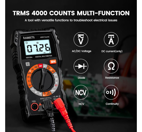 Цифровой мультиметр KAIWEETS KM100s на 4000 отсчетов, тестер напряжения с точными показаниями Ом, черный (my-16010)