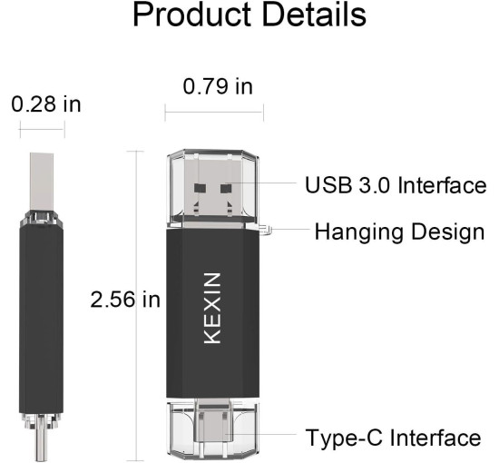 Флеш-накопичувач KEXIN USB C 128 ГБ USB 3.0 для ПК, планшета, ноутбука, телевізора, чорний (my-16085)