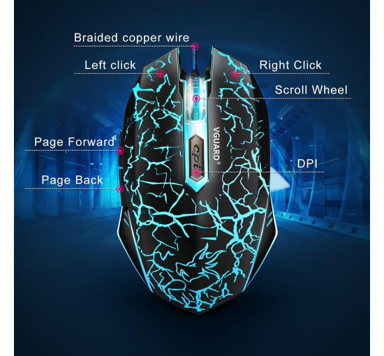 Игровая мышь VGUARD удобная проводная USB-оптическая RGB-мышь эргономичная для ПК, 7 цветов светодиодной подсветки , черная (my-16013)
