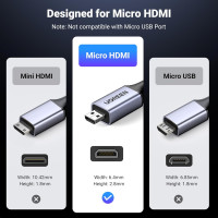 Кабель 1м. UGREEN Micro HDMI - HDMI 2.1 8K 4K при 120/240 Гц типу D, eARC, Dolby Atmos HDR, надшвидкісний HDCP (my-16047)