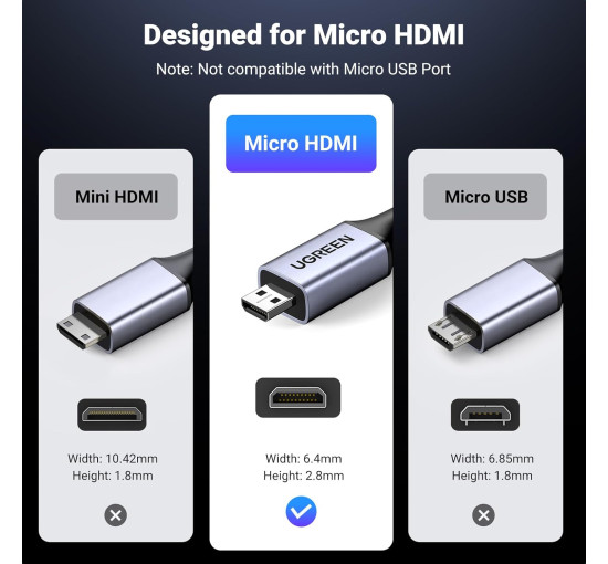 Кабель 1м. UGREEN Micro HDMI - HDMI 2.1 8K 4K при 120/240 Гц типа D, eARC, Dolby Atmos HDR, сверхскоростной HDCP (my-16047)