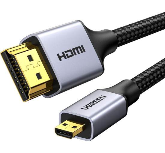 Кабель UGREEN 4K Micro HDMI - HDMI 3,3 фути, алюмінієвий корпус, плетений, 18 Гбіт/с, 4K 60 Гц, HDR 3D ARC сумісний з GoPro Hero 7, 6, 5, чорний (my-16049)