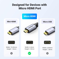 Кабель UGREEN 4K Micro HDMI - HDMI 3,3 фута, алюминиевый корпус, плетеный, 18 Гбит/с, 4K 60 Гц, HDR 3D ARC совместимый с GoPro Hero 7, 6, 5, черный (my-16049)