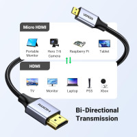 Кабель UGREEN 4K Micro HDMI - HDMI 3,3 фути, алюмінієвий корпус, плетений, 18 Гбіт/с, 4K 60 Гц, HDR 3D ARC сумісний з GoPro Hero 7, 6, 5, чорний (my-16049)