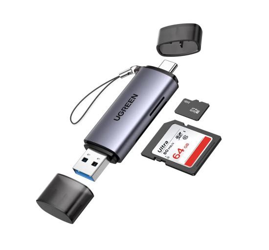 Кардридер UGREEN CM185 USB 3.0 Type-C для TF SD Micro SD Последовательное считывание 5Гбит/с для Чтения Карт памяти USB-A, USB-C, серый (my-16040)