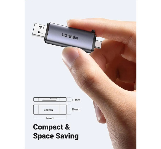 Кардридер UGREEN CM185 USB 3.0 Type-C для TF SD Micro SD Последовательное считывание 5Гбит/с для Чтения Карт памяти USB-A, USB-C, серый (my-16040)