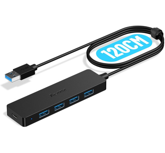 USB A 3.0 Hub Aceele с 4 портами USB-A и Type-C для зарядки, ультратонкий USB Thief 5 Гбит/с с удлинительным кабелем длиной 120 см для передачи данных (my-16097)