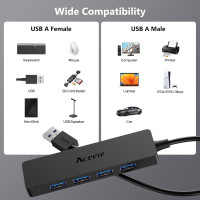 USB A 3.0 Hub Aceele з 4 портами USB-A та Type-C для заряджання, ультратонкий USB Thief 5 Гбіт/с з подовжувальним кабелем довжиною 120 см для передачі даних (my-16097)
