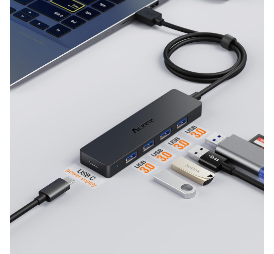 USB A 3.0 Hub Aceele с 4 портами USB-A и Type-C для зарядки, ультратонкий USB Thief 5 Гбит/с с удлинительным кабелем длиной 120 см для передачи данных (my-16097)