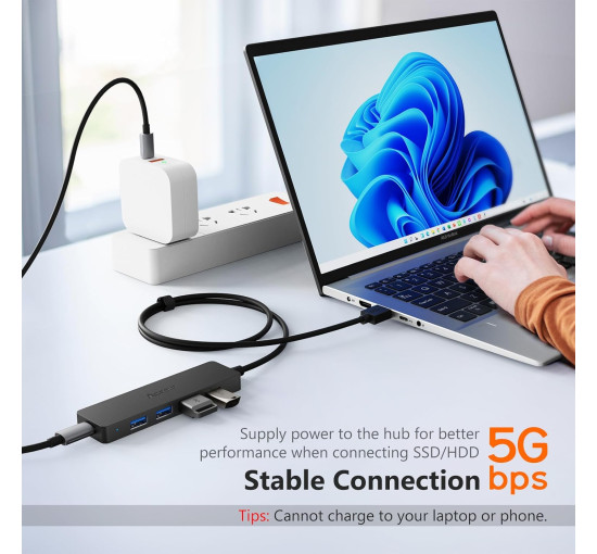 USB A 3.0 Hub Aceele с 4 портами USB-A и Type-C для зарядки, ультратонкий USB Thief 5 Гбит/с с удлинительным кабелем длиной 120 см для передачи данных (my-16097)